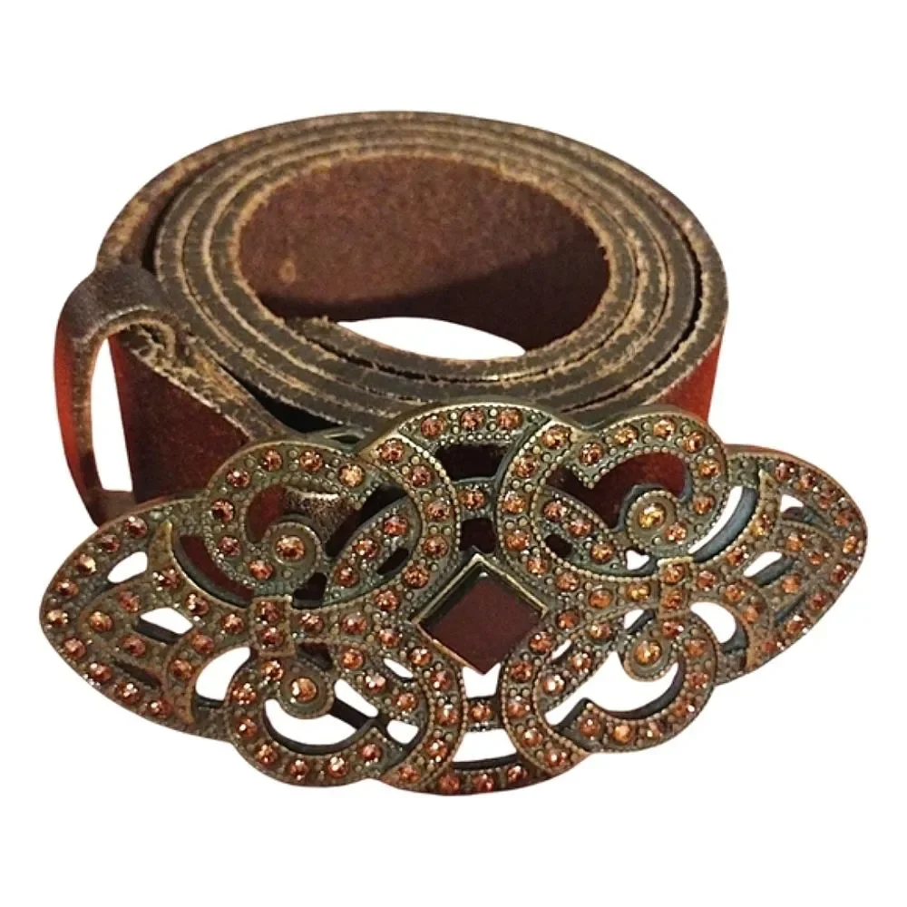 Streets Ahead Metallic Leather Belt with Ornate Buckle / Rhinestones, Medium